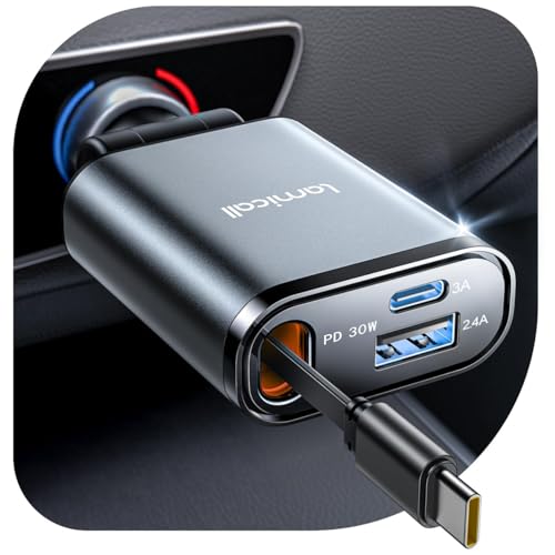 Lamicall Retractable Car Charger USB C 57W Charging for iPhone 18 17 16 Duo - color: Dark grey