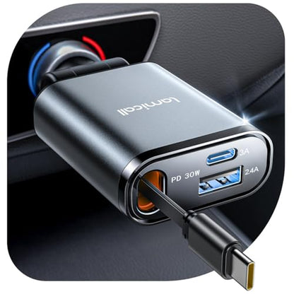 Lamicall Retractable Car Charger USB C 57W Charging for iPhone 18 17 16 Duo - color: Dark grey
