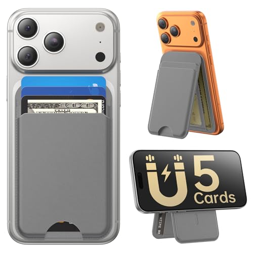 for MagSafe Wallet with Stand, 5 Card Holder, Slim Leather Magnetic Wallet for iPhone 17/16/15/14/13/12 Pro Max Plus Air Series, 3 Card Slots & 1 Cash Slot,Grey - color: Grey