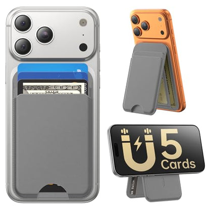 for MagSafe Wallet with Stand, 5 Card Holder, Slim Leather Magnetic Wallet for iPhone 17/16/15/14/13/12 Pro Max Plus Air Series, 3 Card Slots & 1 Cash Slot,Grey - color: Grey