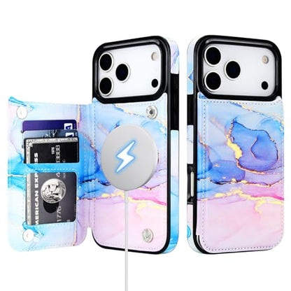 HAOPINSH Wallet Case for iPhone 17 Pro Max,Compatible with MagSafe Wireless Charging, Pink Blue Marble Pattern Back Flip Folio PU Leather Kickstand Card Slots Case Double Magnetic Clasp Cover 6.9" - color: Pink Blue Marble for MagSafe