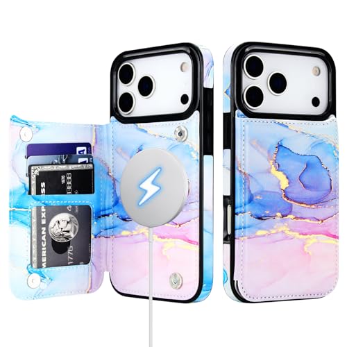 HAOPINSH Wallet Case for iPhone 17 Pro Max,Compatible with MagSafe Wireless Charging, Pink Blue Marble Pattern Back Flip Folio PU Leather Kickstand Card Slots Case Double Magnetic Clasp Cover 6.9" - color: Pink Blue Marble for MagSafe