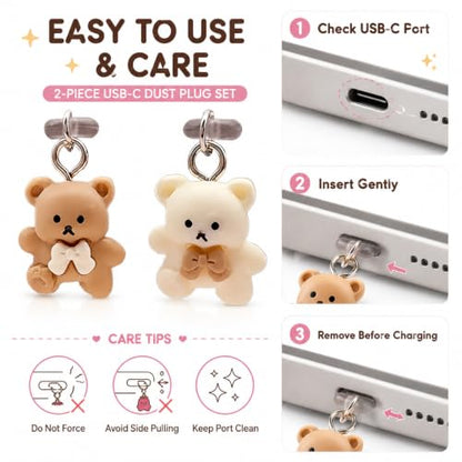 2Pcs USB C Dust Plug with Bear Pendant, Phone Charging Port Protector, Cute Cartoon Design