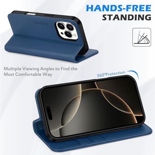 SHIELDON Genuine Leather Case Wallet for iPhone 16 Pro Max 6.9", Royal Blue | Flip Magnetic Closure, RFID Blocking 3 Card Holder, Kickstand, Full Protection, Shock Absorbing Protective Cover - color: Royal Blue