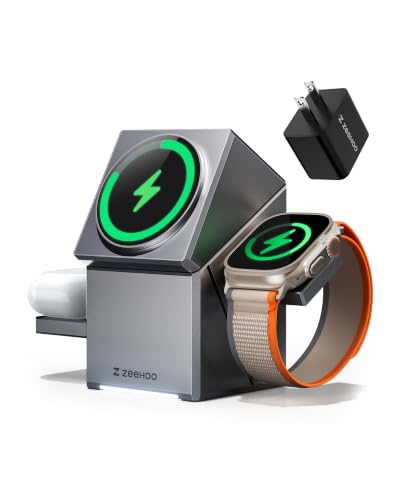 ZEEHOO 3 in 1 Charging Station for Apple, Mag-Safe for iPhone Charger, Certified Rotating Wireless Charger Stand for iPhone 18 Pro/Duo/17-12 Series, Apple Watch, AirPods (USB-C Charger Included) - color: Metal Gray