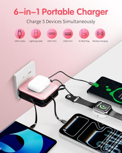10000mAh for Magsafe Portable Charger Built-in Cables & AC Wall Plug,Pink | 6-in-1,PD 22.5W USB C Fast Charging,15W Magnetic Wireless Charging,Charge 5 devices at once,LED Display Travel Power Bank - color: Pink