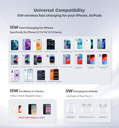 Magnetic Wireless Charger iPhone Stand 15W Fast Mag-Safe Charger for iPhone 17/17 Pro/17 Air/17 Pro Max 16/15/14/13/12 Series Apple Magnet Wireless Charging Station/Pad for AirPods - color: 1Pack Black