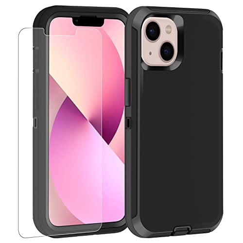 Co-Goldguard Shockproof Case for iPhone 13 with Tempered Glass Screen Protector 3 Layer Military Grade Drop Protection Heavy Duty Protection Rugged Rubber Phone Case Cover for iPhone 13 6.1 Black - color: Black+G