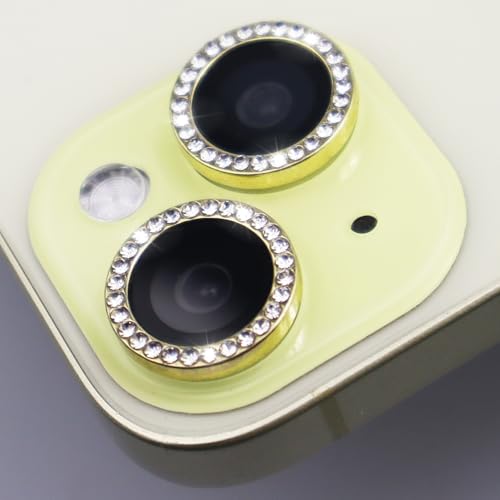 Camera Lens Protector for iPhone 15/15 Plus/14/14 Plus Bling Diamond Metal Ring Rhinestone Tempered Glass Lens Cover Accessories (Gold) - color: Gold