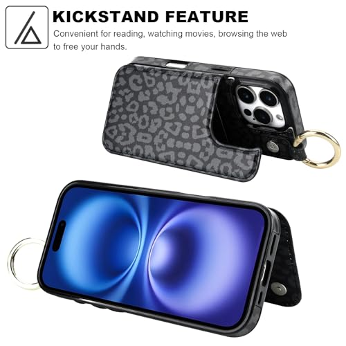 HAOPINSH for iPhone 16 Pro Wallet Case with Card Holder, Black Leopard Cheetah Print Back Flip Folio PU Leather Kickstand Card Slots Case, Finger Grip Ring Double Magnetic Clasp Shockproof 6.3" - color: Blue Florals Grip Ring