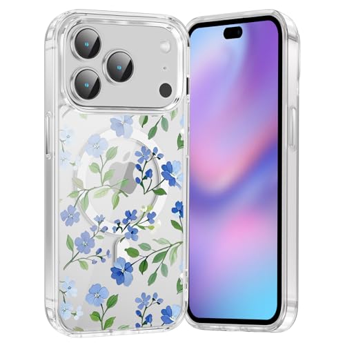 for iPhone 17 Pro Max Magnetic Case Cute Clear Flower Pattern Case, Aesthetic Spring Floral for Girls Women, Soft TPU Clear Slim Anti-Drop Shockproof Protective Phone Cover - Small Blue Flower - color: Small Blue Flower, size: iPhone 17 Pro Max