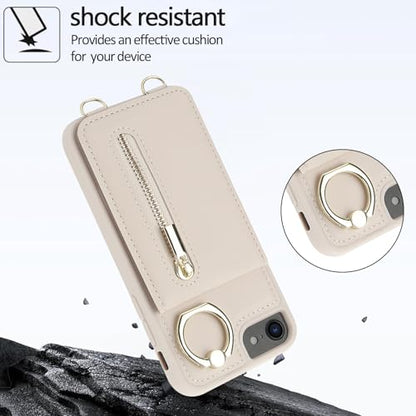 Crossbody Wallet Case for iPhone 7/8/SE 2020/SE 2022, with Card Slots Zipper Pocket Case, Flip Folio Purse RFID Blocking with Ring Kickstand Detachable Strap-Beige - color: Beige, size: iPhone 7/8/SE 2020/SE 2022 (4.7")