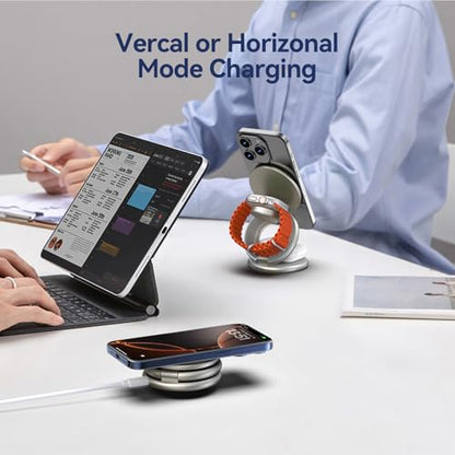 KU XIU X63 Natural Titanium 3 in 1 Charging Station for Apple, Aluminum Alloy Foldable Magnetic Wireless Charger, Travel Stand for iPhone 17/16/15/14/13/12, Apple Watch & AirPod,with 20W Adapter - color: Natural Titanium