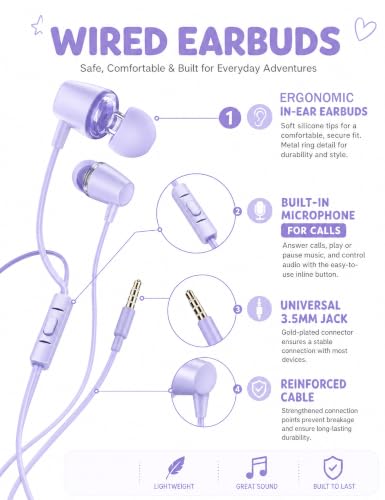 2-Pack Teens Wired Earbuds with Cases, 3.5mm School Headphones, Blueviolet - color: Blueviolet