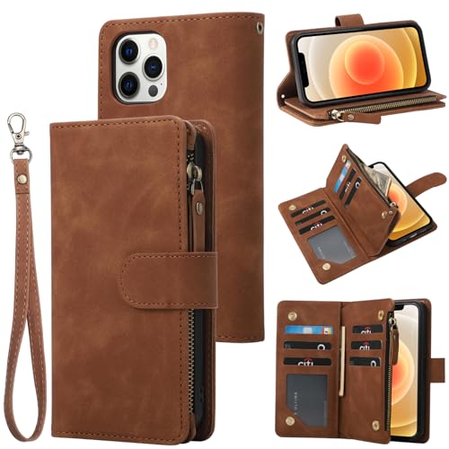 RANYOK Wallet Case Compatible with iPhone 13 Pro Max (6.7 inch), Premium PU Leather Zipper Flip Folio Wallet with Wrist Strap Magnetic Closure Built-in Kickstand Protective Case (Brown) - color: Brown