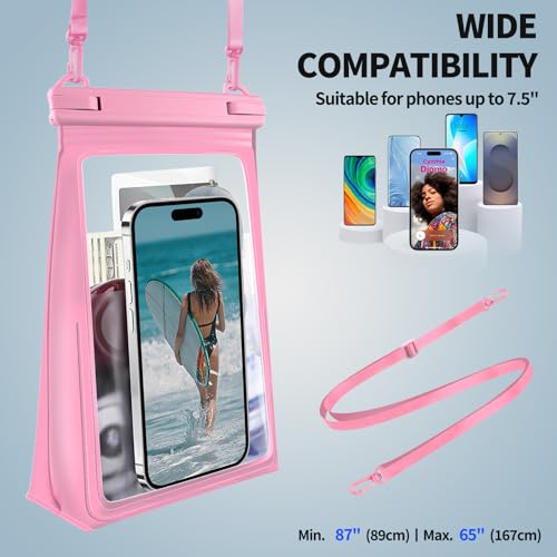 PEDVSTY Large Waterproof Phone Pouch with Sealing Strip, Floating Dry Bag | Adjustable Lanyard, Waterpark Kayak Pool Beach Essentials, Fit iPhone 17 16 Pro Max Galaxy S26 S25 Ultra All Phones, Hot Pink - color: Hot Pink, size: Large (Up to 8.5")