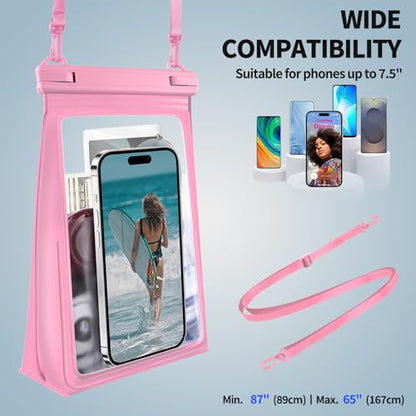 PEDVSTY Large Waterproof Phone Pouch with Sealing Strip, Floating Dry Bag | Adjustable Lanyard, Waterpark Kayak Pool Beach Essentials, Fit iPhone 17 16 Pro Max Galaxy S26 S25 Ultra All Phones, Hot Pink - color: Hot Pink, size: Large (Up to 8.5")