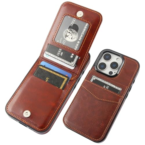 KIHUWEY for iPhone 16 Pro Wallet Case Card Holder Kickstand, Brown | Credit Card Slots, PU Leather, Magnetic Clasp, Flip Heavy Duty Protection Cover for Men and Women - color: Brown