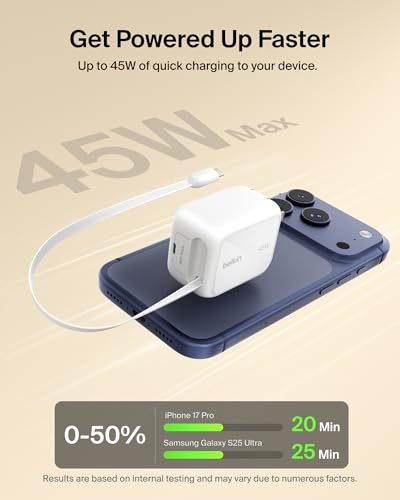 Belkin 45W GaN USB C Retractable Charger Block Fast Charging for Travel - color: White, style: 45W