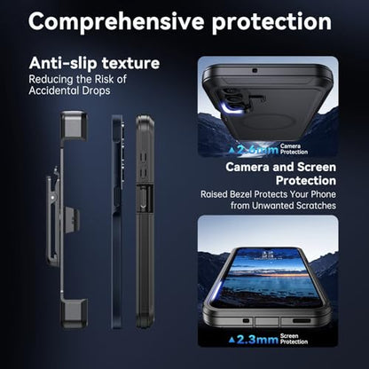 DUEDUE Magnetic Case for Samsung Galaxy A17 Case, Samsung A16 Case with Belt Clip Holster, Heavy Duty Protection Case[Compatible with Magsafe], Rugged Phone Cover with 360°Rotating Kickstand, Black