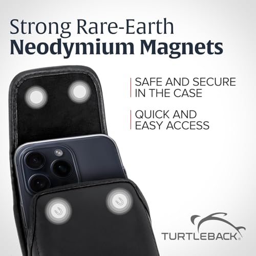 Turtleback Belt Holder for iPhone 16 Pro Max, 15 Pro Max, 14 Pro Max -Small- Fits w/Slim MagSafe Style Cases, Premium Black Leather Vertical Belt Holster Magnetic Closure Leather Wrapped Clip - color: Vertical - Leather w/ Leather Clip, size: Small