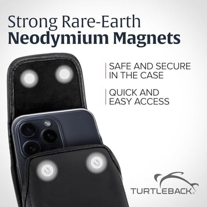 Turtleback Belt Holder for iPhone 16 Pro Max, 15 Pro Max, 14 Pro Max -Small- Fits w/Slim MagSafe Style Cases, Premium Black Leather Vertical Belt Holster Magnetic Closure Leather Wrapped Clip - color: Vertical - Leather w/ Leather Clip, size: Small