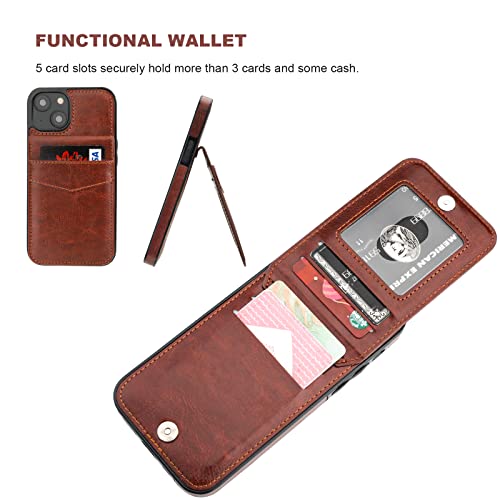 KIHUWEY for iPhone 14 Wallet Case Card Holder Kickstand, Brown - color: Brown