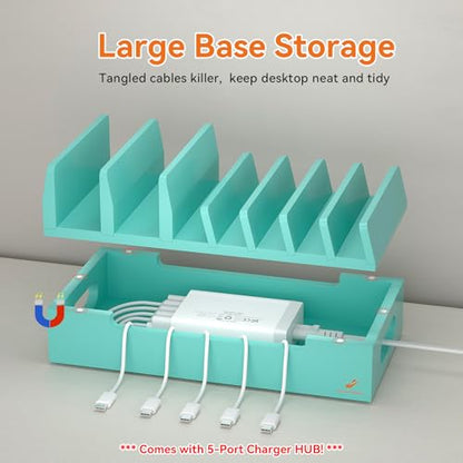 Bamboo Charging Station with 5 Port Charger HUB & 5 Cables-Teal - color: Teal