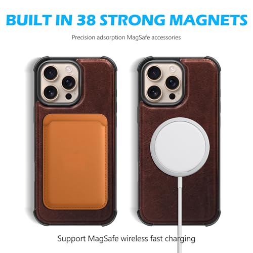 Genuine Leather Wallet Case for iPhone 15 Pro Max, Dark Brown | Magnetic Detachable, 2-in-1 Flip Folio, RFID Blocking, Wireless Charging - color: Dark Brown, size: 15 Pro Max 6.7‘’