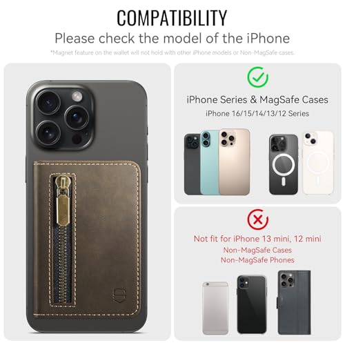 Strapurs Magnetic Card Holder Compatible with MagSafe Phones and Cases, PU Leather Phone Wallet for iPhone 17/16/15/14/13/12/Pro/Max/Plus/Air, 4 Card Slots RFID Blocking with Zipper Pocket - Brown - color: Brown