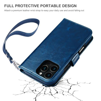 Bocasal Detachable Wallet Case Card Holder for iPhone 16 Pro Max Blue | RFID Blocking Kickstand Card Slots Holder PU Leather Magnetic Shockproof Wrist Strap Removable Flip Protective Cover 6.9 inch - color: Blue