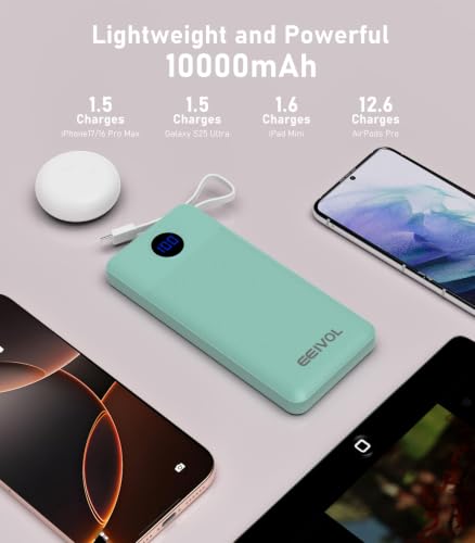 Portable Charger Built in 4 Cables, 10000mAh Power Bank, Green - color: Green
