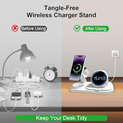 6 in 1 Wireless Charging Station with Bluetooth Speaker Fuction, Charging Stand for Multiple Devices for Apple iPhone 17 16 15 14 13 12 Pro Max Apple Watch Airpods, Digital Clock and Ambient Lights