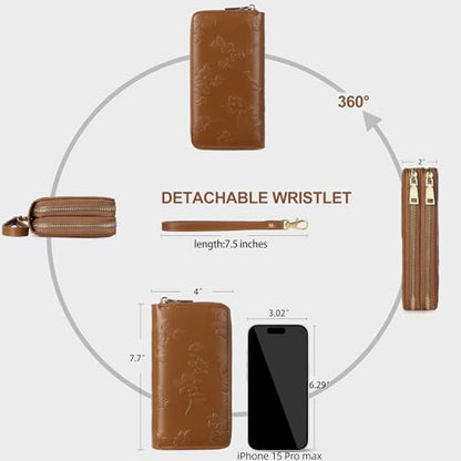 yiijay Womens Wallet RFID Blocking Large Capacity Vegan Leather Double Zip Wristlet Wallet Card Holder Travel Ladies Clutch - color: Brown