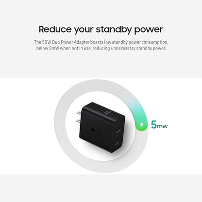 Samsung 50W Duo Power Adapter Wall Charger, 2 Ports, Cable Included, Black