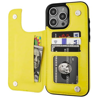 ONETOP for iPhone 16 Pro Max Wallet Case with Credit Card Holder,Yellow | Kickstand,ID/Cash Holder,Case Wallet with Card Slots,Double Magnetic Clasp,Durable PU Leather Shockproof Cover for Women Men - color: Yellow