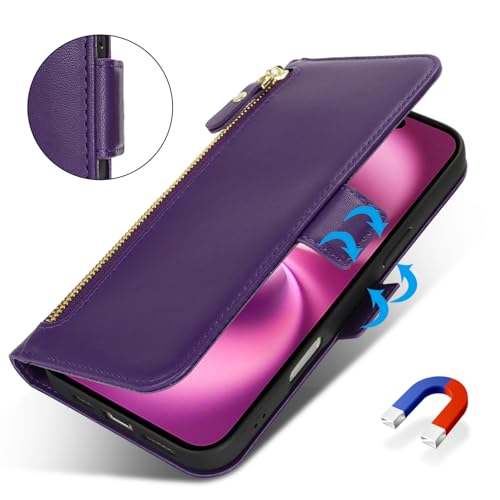 Ｈａｖａｙａ for iPhone 16 case Wallet with Card Holder Zipper for Women Men PU Leather Flip Folio Credit Card Slots Stand Shockproof Phone Cover(6.1")-Deep Purple - color: Deep Purple-A