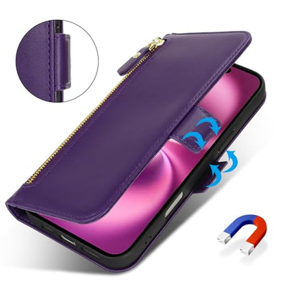 Ｈａｖａｙａ for iPhone 16 case Wallet with Card Holder Zipper for Women Men PU Leather Flip Folio Credit Card Slots Stand Shockproof Phone Cover(6.1")-Deep Purple - color: Deep Purple-A