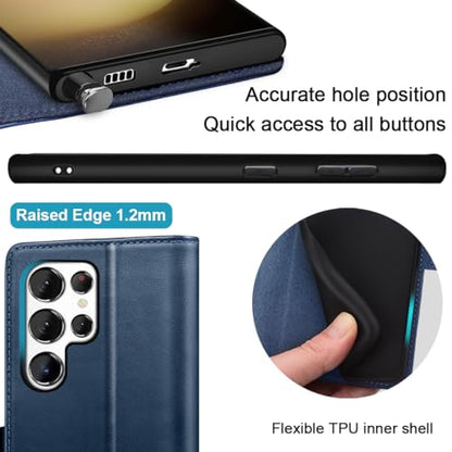 KEZiHOME Genuine Leather Wallet Case for Samsung Galaxy S24 Ultra Blue | Blue, RFID Blocking Card Slot, Kickstand, Magnetic Protective Phone Folio Cover, Compatible with Galaxy S24 Ultra - color: Blue