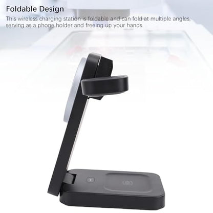 Wireless Charging Station, 3 in 1 Foldable Magnetic Fast Charger Stand for Phone Watch Earbuds, Portable 15W Charging Dock for Travel Office Home Desktop