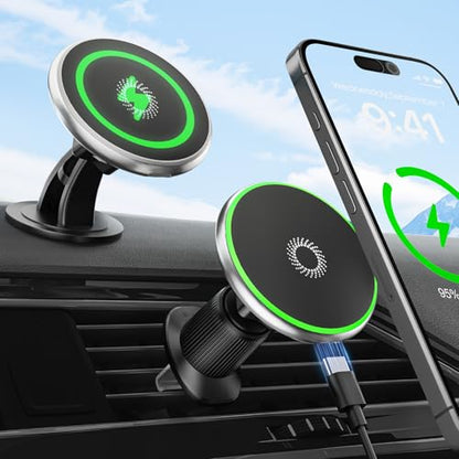 15W for Magsafe Car Mount Charger, Wireless Car Charger Magnetic Air Vent/Dashboard Fast Charging Phone Holder for iPhone 17 16 15 14 13 12 Serie Samsung
