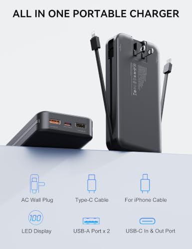 Nusyddy Portable Charger 20000mAh Fast Charging w/Built-in Wall Plug Black - color: Jet Black