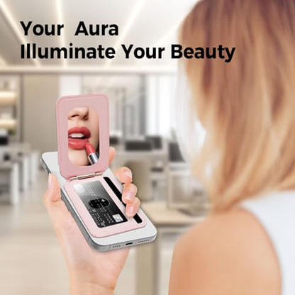 for MagSafe Wallet with Mirror, 4 Card Holder RFID Blocking Stand - color: Pink