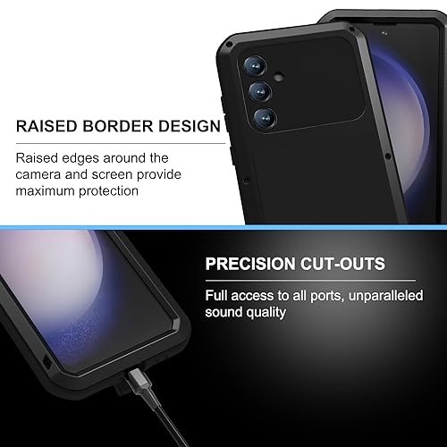 LOVE MEI Military Rugged Case for Samsung Galaxy S23 Fe, with Tempered Glass Screen Protector, Shockproof Dustproof Scratch Proof Hybrid Metal and Silicone Gel Heavy Duty Full Body Cover Black - color: Black