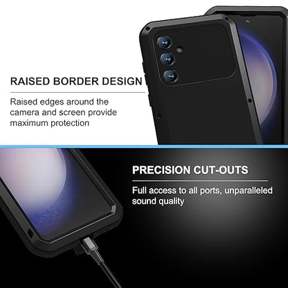 LOVE MEI Military Rugged Case for Samsung Galaxy S23 Fe, with Tempered Glass Screen Protector, Shockproof Dustproof Scratch Proof Hybrid Metal and Silicone Gel Heavy Duty Full Body Cover Black - color: Black