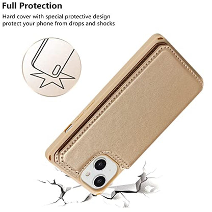 iCoverCase Compatible with iPhone 14 Wallet Phone Case with Card Holder for Women, RFID Blocking Embossed PU Leather Wrist Strap Case 6.1 Inch (Macaron Gold) - color: P-Gold