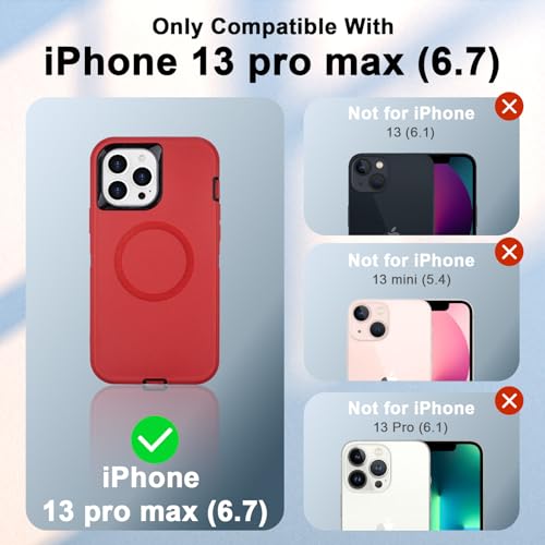 Magnetic for iPhone 13 Pro Max Case with Belt Clip Holster, Black Red | Heavy Duty Military Grade Drop Protection Case for iPhone 13 Pro Max, 6.7", with 360°Rotating Kickstand 6.7" - color: Red+Black
