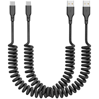 Coiled USB A to USB C Car Charger Cable, 2-Pack 3Ft Braided, Black - color: Black
