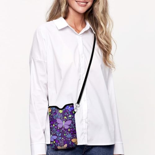 Universal Phone Sleeve Pouch with Crossbody Strap 7.6 X 4.3 Inches Shockproof Water Resistant Mobile Protection Bag-Purple Butterfly Neoprene Phone Pouch Bag - color: Purple Butterfly-Phone Pouch