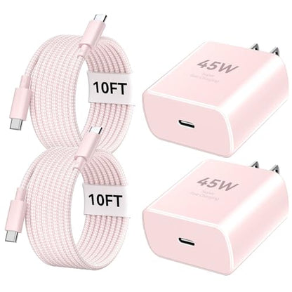 Phone 17 16 Pro Max Charger Fast Charging, 45W Super Fast USB C Charger Block with 10FT Nylon Braided Charging Cable for 17 16 Pro Max/17 16 Pro/16 Plus,15 Pro Max/15 Pro/15/Air, Android Phone-Pink - color: pink+gray, size: 10 Ft